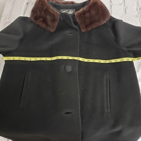 Vtg Townly Wool Dress Coat Mink Fur Collar Black L Satin Lined EUC Mid Century - Picture 12 of 16